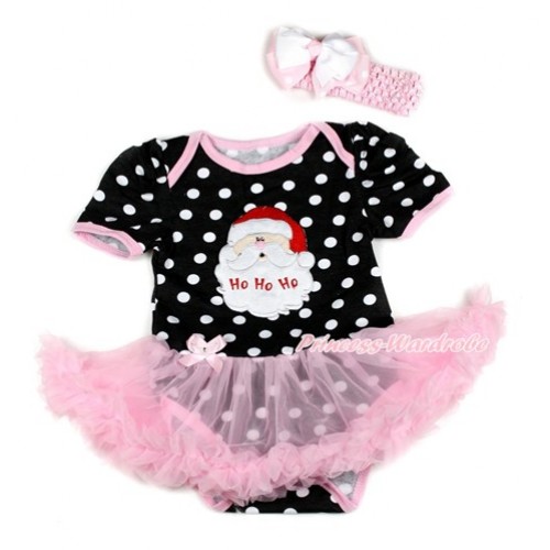 Xmas Black White Dots Baby Bodysuit Jumpsuit Light Pink Pettiskirt With Santa Claus Print With Light Pink Headband White & Light Pink White Dots Ribbon Bow JS1825 