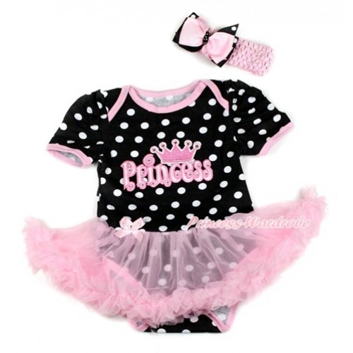 Black White Dots Baby Bodysuit Jumpsuit Light Pink Pettiskirt With Princess Print With Light Pink Headband Pink & Black White Dots Ribbon Bow JS1828 