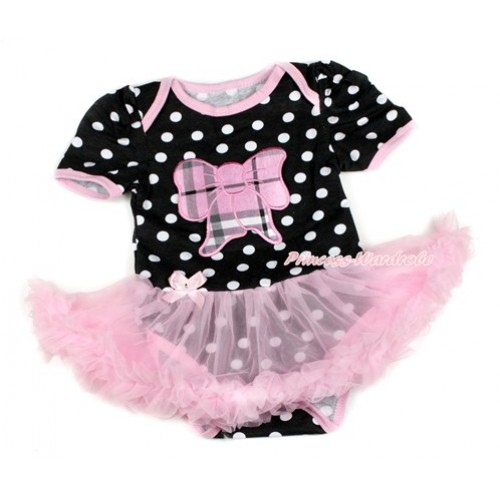 Black White Dots Baby Bodysuit Jumpsuit Light Pink Pettiskirt with Light Pink Checked Butterfly Print JS1726 