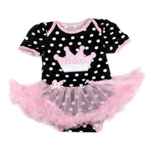 Black White Dots Baby Bodysuit Jumpsuit Light Pink Pettiskirt with Crown Print JS1732 