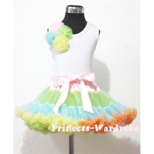 Light-Colored Rainbow Pettiskirt with a Bunch Light-Colored Rainbow Rosettes White Tank Top M263 