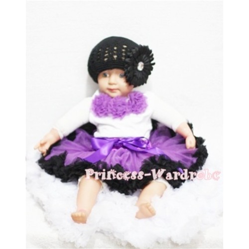 White Baby Pettitop & Dark Purple Rosettes with Dark Purple Black Baby Pettiskirt NG172 
