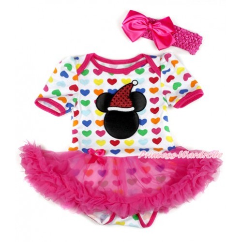 Xmas Rainbow Heart Baby Bodysuit Jumpsuit Hot Pink Pettiskirt With Christmas Minnie Print With Hot Pink Headband Hot Pink Silk Bow JS1806 