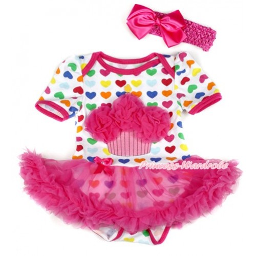 Rainbow Heart Baby Bodysuit Jumpsuit Hot Pink Pettiskirt With Hot Pink Rosettes Birthday Cake Print With Hot Pink Headband Hot Pink Silk Bow JS1807 