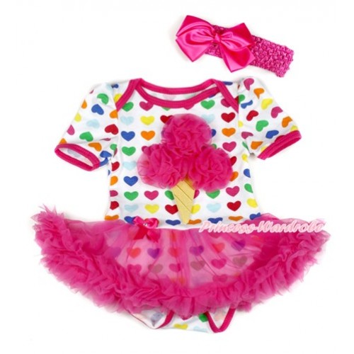 Rainbow Heart Baby Bodysuit Jumpsuit Hot Pink Pettiskirt With Hot Pink Rosettes Ice Cream Print With Hot Pink Headband Hot Pink Silk Bow JS1808 