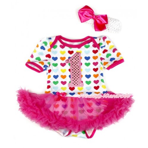 Rainbow Heart Baby Bodysuit Jumpsuit Hot Pink Pettiskirt With 1st Sparkle Light Pink Birthday Number Print With White Headband Hot Pink Silk Bow JS1809 