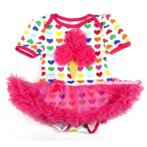 Rainbow Heart Baby Bodysuit Jumpsuit Hot Pink Pettiskirt with Hot Pink Rosettes Ice Cream Print JS1707 