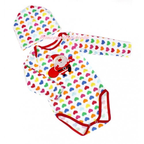 Xmas Rainbow Heart Long Sleeve Baby Jumpsuit with Gift Bag Santa Claus Print with Cap Set LS223 