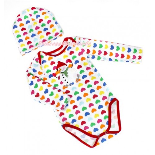 Xmas Rainbow Heart Long Sleeve Baby Jumpsuit with Ice-Skating Snowman Print with Cap Set LS224 