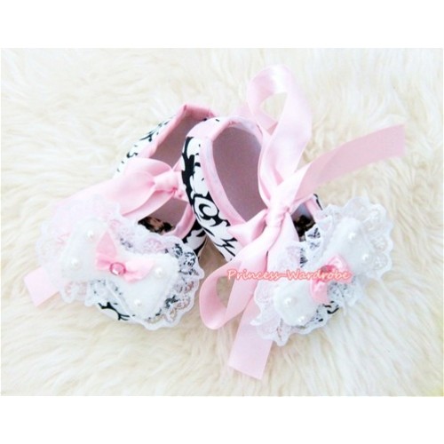 Light Pink Damask Shoes with Ribbon with Lace Bow S418 