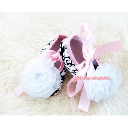 Light Pink Damask Shoes with Ribbon with White Rosettes S421 