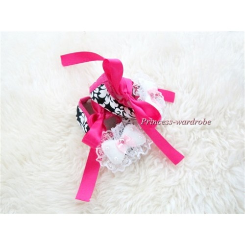 Hot Pink Damask Shoes with Ribbon with Lace Bow S427 