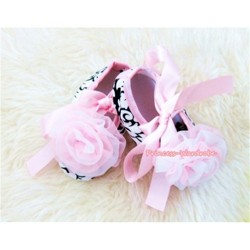 Light Pink Damask Shoes with Ribbon with Light Pink White Rosettes S422 