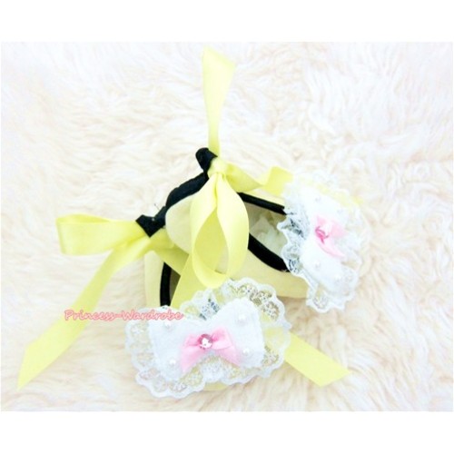 Yellow Ribbon Crib Shoes with lace bow S429 
