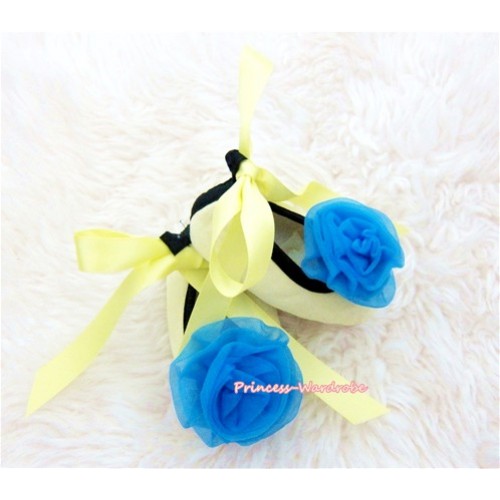Yellow Ribbon Crib Shoes with Royal Blue Rosettes S431 