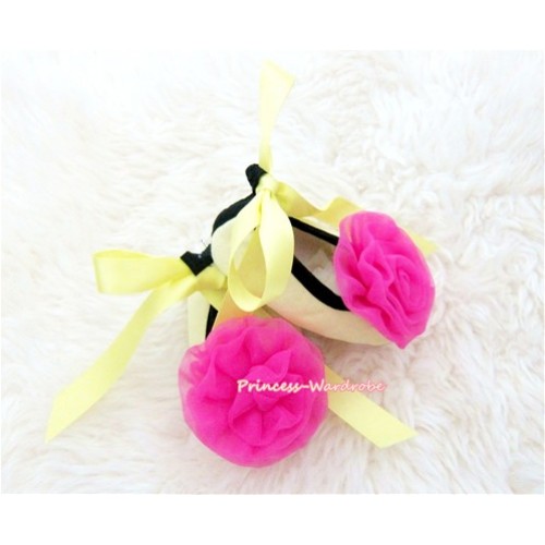 Yellow Ribbon Crib Shoes with Hot Pink Rosettes S432 