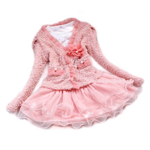 Light Pink Lace Flower Pearl Jacket Coat Matching White Long Sleeves Pink One Piece Party Dress Set SH39 