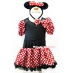 Minnie Polka Dots Bubble Sleeves Black Princess Dress With Minnie Dots Satin Bow Party Costume With Minnie Headband C169 