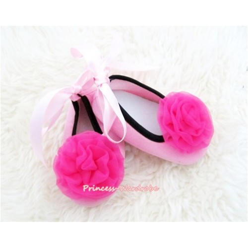 Light Pink Ribbon Crib Shoes with Hot Pink Rosettes S446 