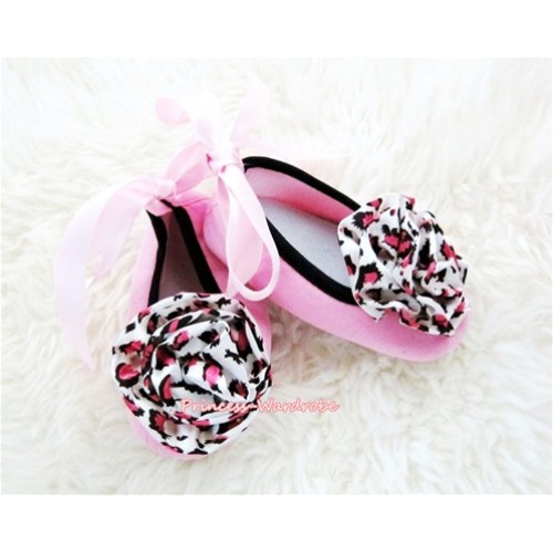 Light Pink Ribbon Crib Shoes with Light Pink Leopard Print Rosettes S450 