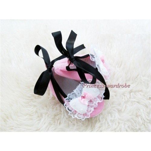 Light Pink Crib Shoes with Black Ribbon with Lace Bow S453 