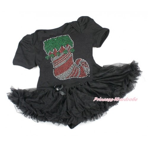 Xmas Black Baby Bodysuit Jumpsuit Black Pettiskirt with Sparkle Crystal Bling Christmas Stocking Print JS1836 