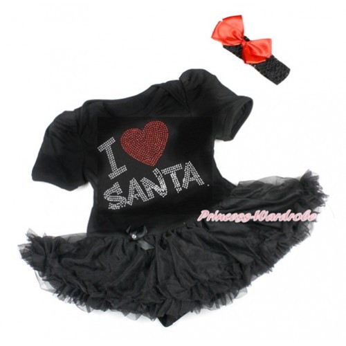 Xmas Black Baby Bodysuit Jumpsuit Black Pettiskirt With Sparkle Crystal Bling I Love Santa Print With Black Headband Red Silk Bow JS1829 