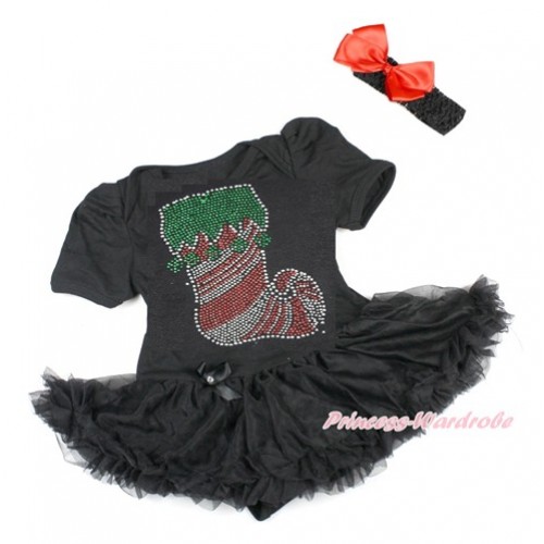 Xmas Black Baby Bodysuit Jumpsuit Black Pettiskirt With Sparkle Crystal Bling Christmas Stocking Print With Black Headband Red Silk Bow JS1830 