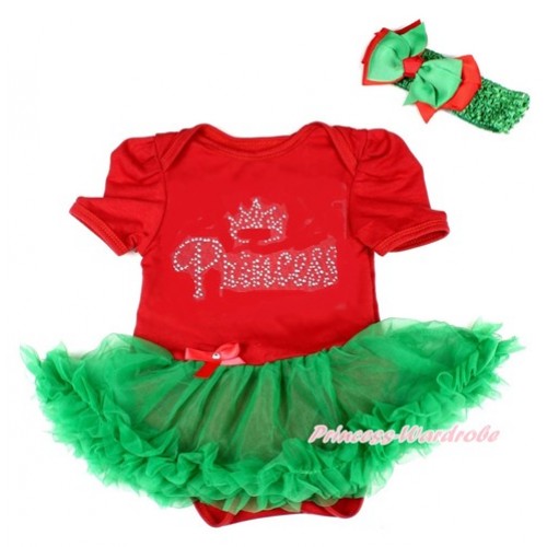 Xmas Red Baby Bodysuit Jumpsuit Kelly Green Pettiskirt With Sparkle Crystal Bling Princess Print With Kelly Green Headband Green Red Ribbon Bow JS1832 