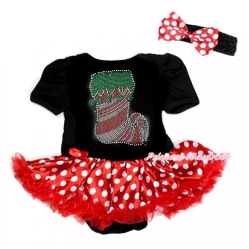 Xmas Black Baby Bodysuit Jumpsuit Minnie Dots Pettiskirt With Sparkle Crystal Bling Christmas Stocking Print With Black Headband Minnie Dots Satin Bow JS1833 