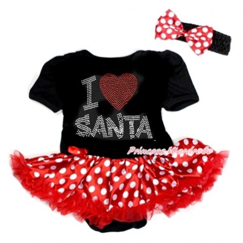 Xmas Black Baby Bodysuit Jumpsuit Minnie Dots Pettiskirt With Sparkle Crystal Bling I Love Santa Print With Black Headband Minnie Dots Satin Bow JS1834 