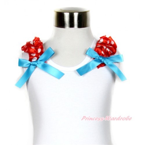 White Tank Top with Minnie Dots Ruffles and Peacock Blue Bow TB495 