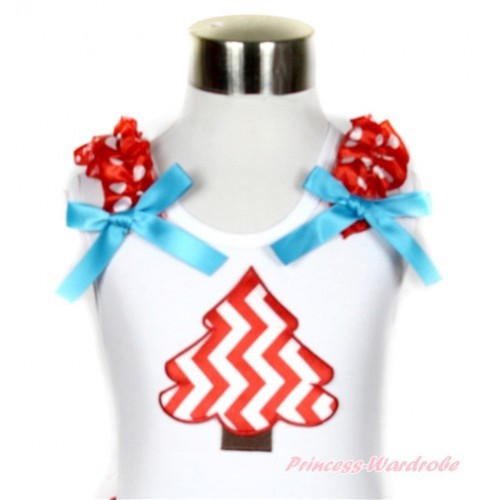Xmas White Tank Top With Red White Wave Christmas Tree Print with Minnie Dots Ruffles & Peacock Blue Bow TB497 