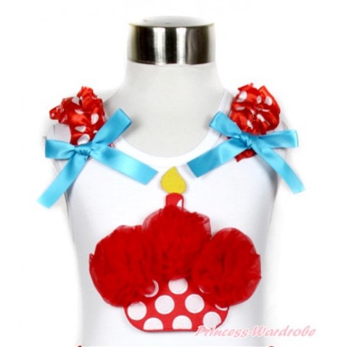 White Tank Top With Red Rosettes Minnie Dots Birthday Cake Print with Minnie Dots Ruffles & Peacock Blue Bow TB504 