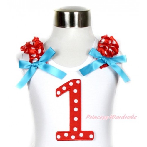White Tank Top With 1st Red White Dots Birthday Number Print with Minnie Dots Ruffles & Peacock Blue Bow TB505 