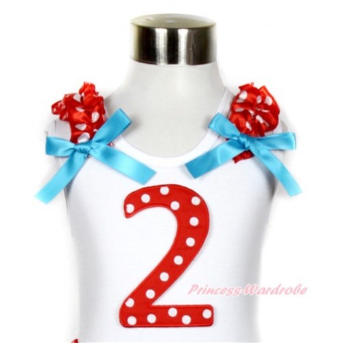 White Tank Top With 2nd Red White Dots Birthday Number Print with Minnie Dots Ruffles & Peacock Blue Bow TB506 