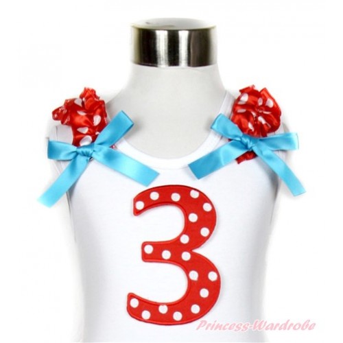 White Tank Top With 3rd Red White Dots Birthday Number Print with Minnie Dots Ruffles & Peacock Blue Bow TB507 