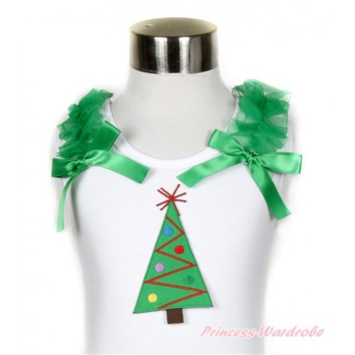Xmas White Tank Top With Christmas Tree Print with Kelly Green Ruffles & Kelly Green Bow TB512 
