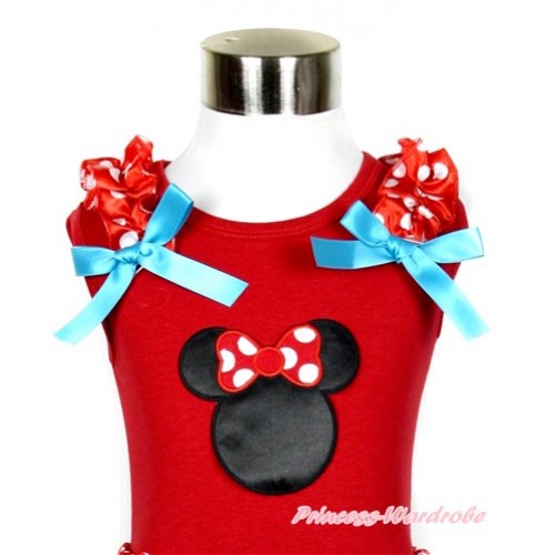 Red Tank Top With Minnie Print with Minnie Dots Ruffles & Peacock Blue Bow T527 