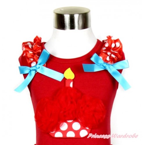 Red Tank Top With Red Rosettes Minnie Dots Birthday Cake Print with Minnie Dots Ruffles & Peacock Blue Bow T529 