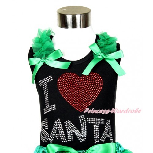 Xmas Black Tank Top With Kelly Green Ruffles & Kelly Green Bow With Sparkle Crystal Bling I Love Santa Print TB519 