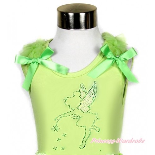 Xmas Light Green Tank Top With Light Green Ruffles & Light Green Bow With Sparkle Crystal Bling Tinker Bell Print TM227 