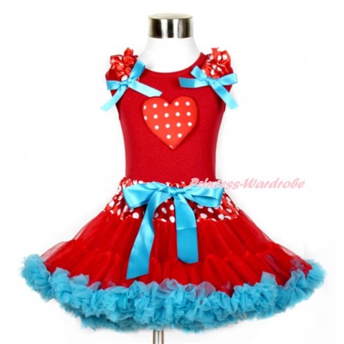 Red Tank Top with Minnie Dots Ruffles & Peacock Blue Bow & Red White Dots Heart Print With Minnie Dots Waist Red Peacock Blue Pettiskirt CM136 