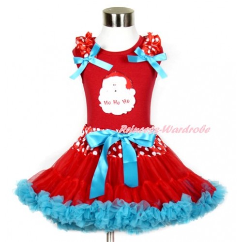 Xmas Red Tank Top with Minnie Dots Ruffles & Peacock Blue Bow & Santa Claus Print With Minnie Dots Waist Red Peacock Blue Pettiskirt CM140 