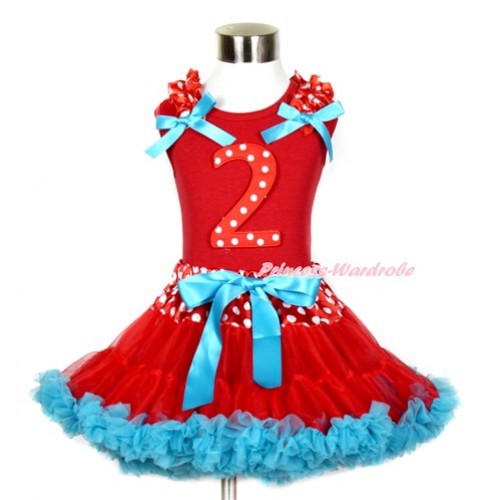 Red Tank Top with Minnie Dots Ruffles & Peacock Blue Bow & 2nd Red White Dots Birthday Age Print With Minnie Dots Waist Red Peacock Blue Pettiskirt CM143 