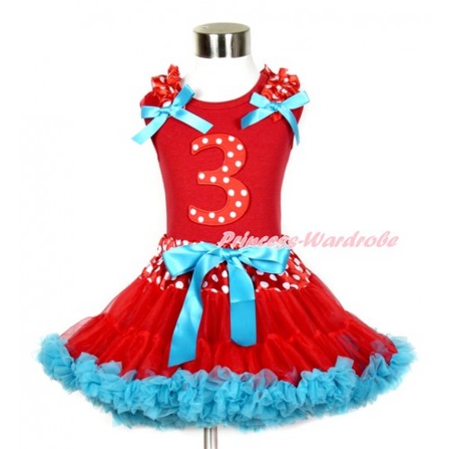 Red Tank Top with Minnie Dots Ruffles & Peacock Blue Bow & 3rd Red White Dots Birthday Age Print With Minnie Dots Waist Red Peacock Blue Pettiskirt CM144 