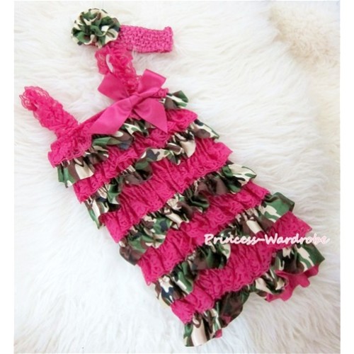 Camouflage Hot Pink Layer Chiffon Romper with Hot Pink Bow & Straps and Hot Pink Headband Set RH74 