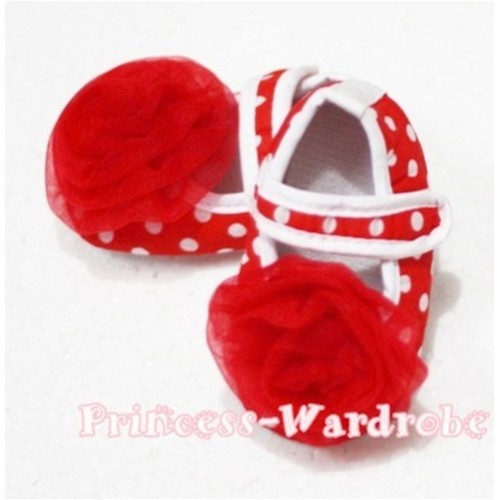 Baby Red White Poika Dot Crib Shoes with Red Rosettes S73 