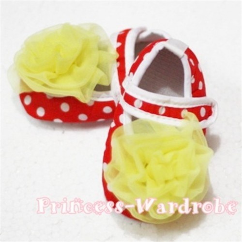 Baby Red White Poika Dot Crib Shoes with Yellow Rosettes S75 