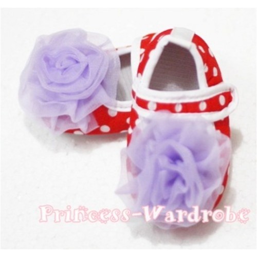 Baby Red White Poika Dot Crib Shoes with Light Purple Rosettes S81 
